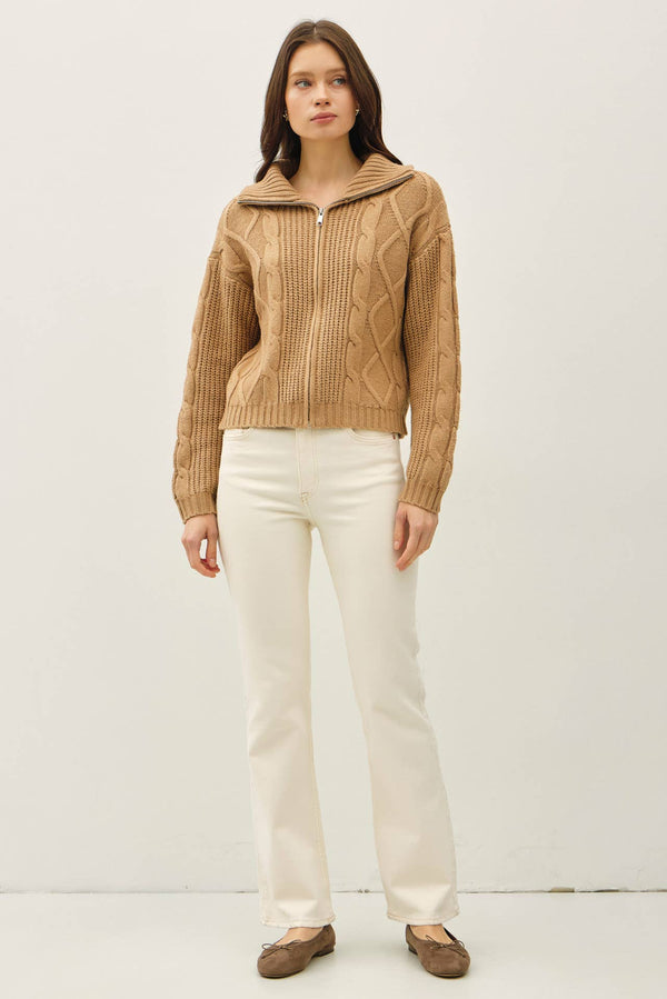 FLOPPY COLLARED CABLE ZIP UP SWEATER-Blue Hand Home