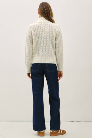 CABLE KNIT ZIP UP SWEATER JACKET W/ HIGH COLLAR-Blue Hand Home