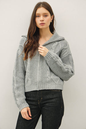 FLOPPY COLLARED CABLE ZIP UP SWEATER-Blue Hand Home