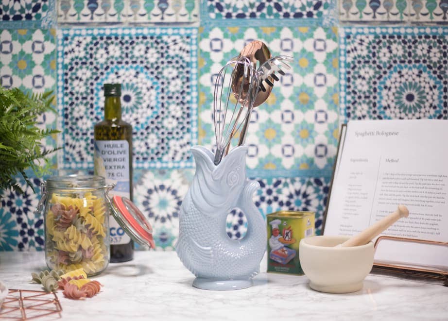 White Gluggle Jug-Blue Hand Home