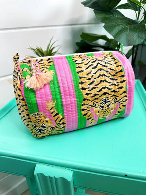 Quilted Makeup Bags | Cosmetic Toiletry Bag | Tiger Print-Blue Hand Home