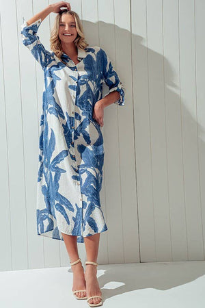 ELSIE PALMS AND PROMISES BUTTON DOWN DRESS-Blue Hand Home