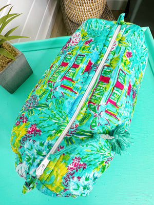 Quilted Cosmetics Makeup Toiletry Bag - Southern Town Print-Blue Hand Home