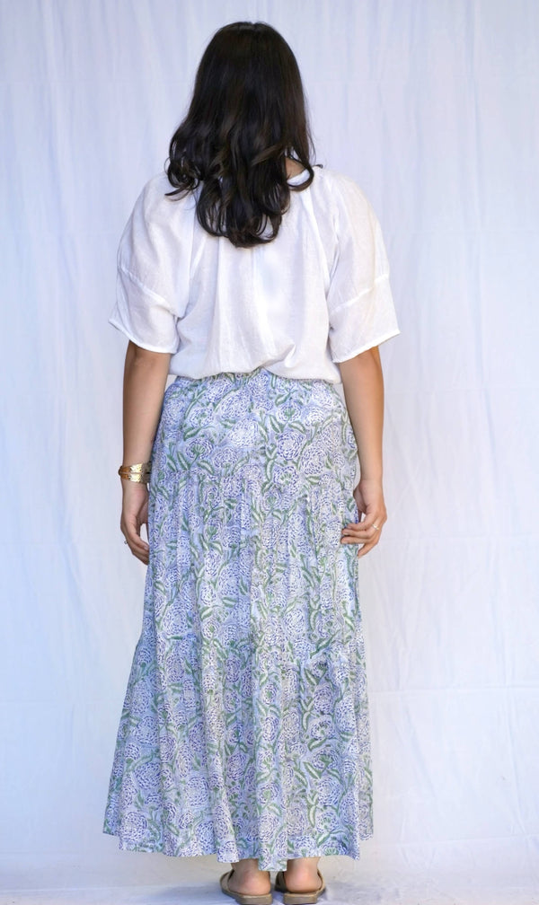 Block Printed Tiered Cotton Skirt Olive Navy-Blue Hand Home