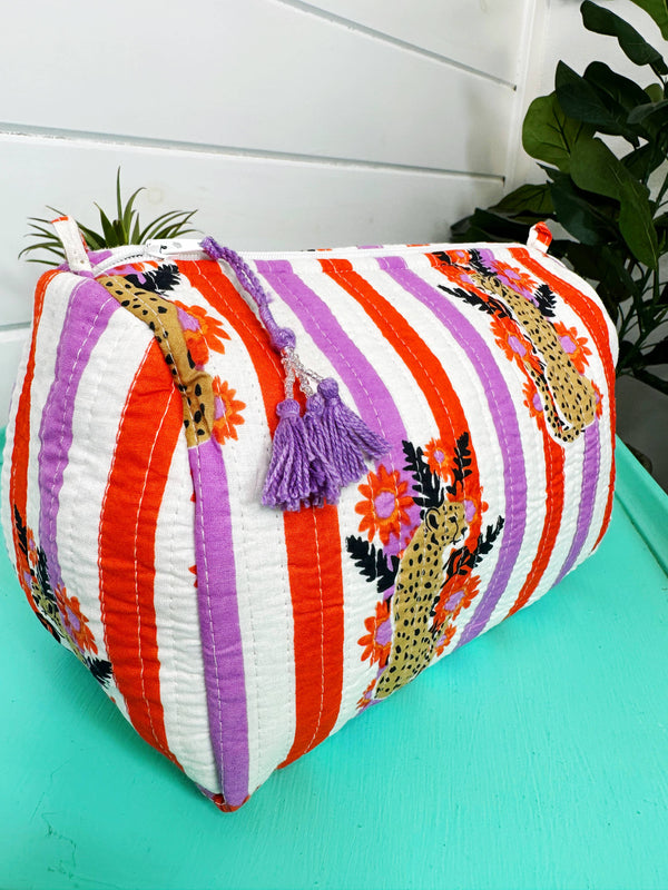 Striped Jaguar Quilted Cosmetics Bag – Handmade, Travel Bag-Blue Hand Home