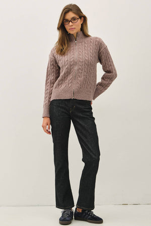 CABLE KNIT ZIP UP SWEATER JACKET W/ HIGH COLLAR-Blue Hand Home