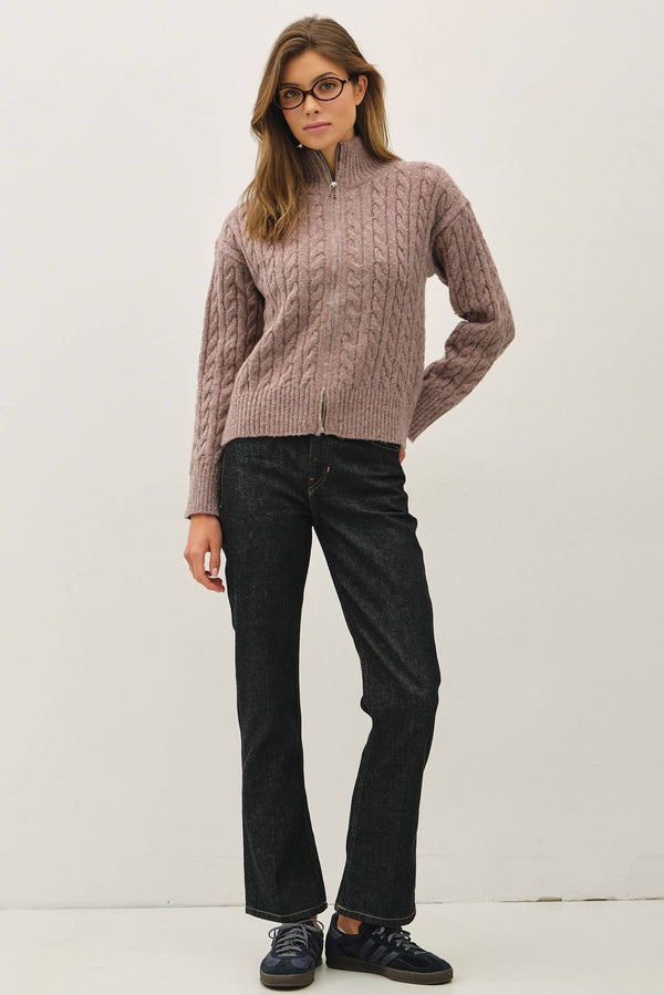 CABLE KNIT ZIP UP SWEATER JACKET W/ HIGH COLLAR-Blue Hand Home