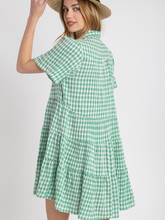 Gingham Tiered Collared Button Short Sleeve Dress