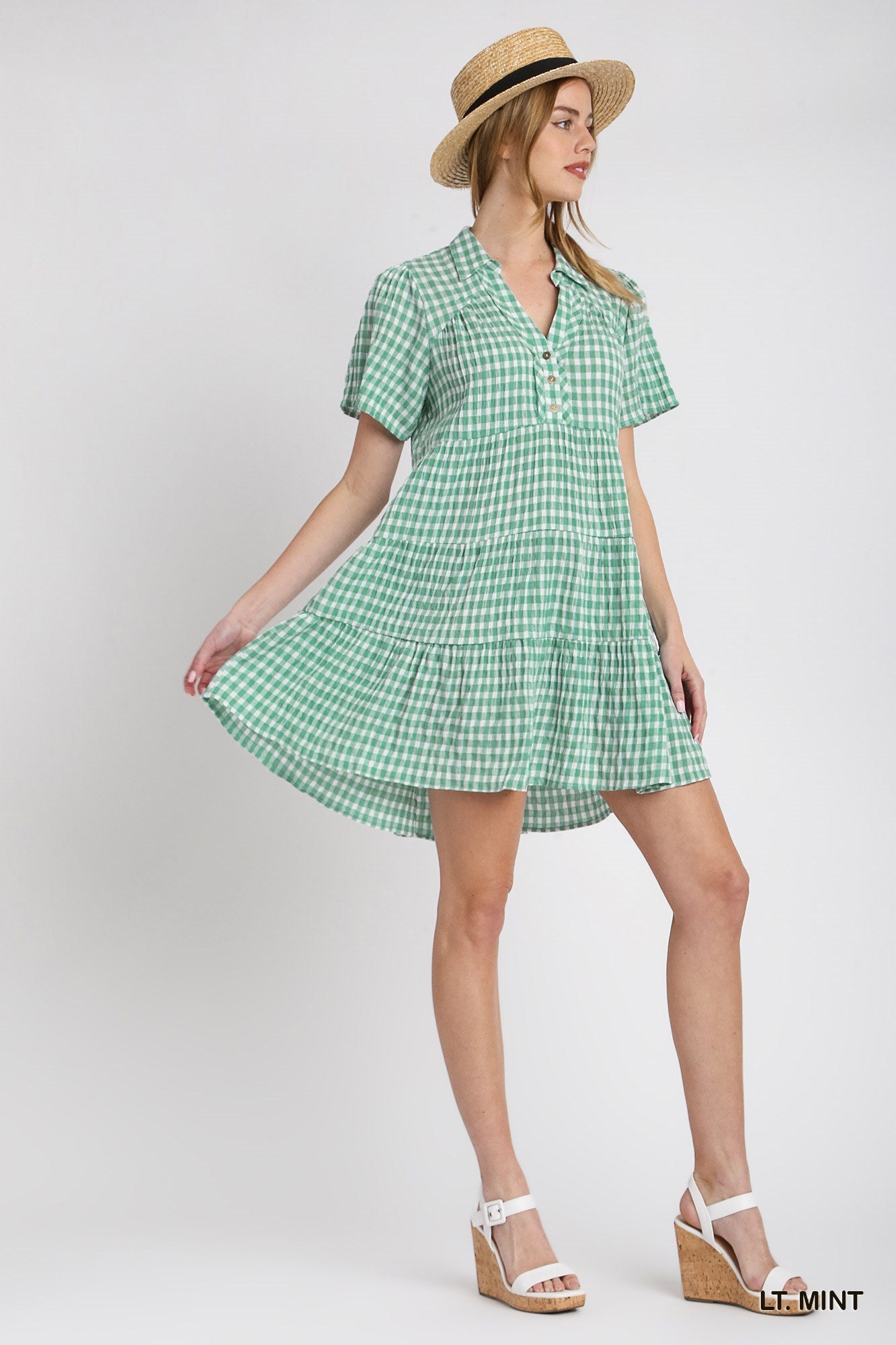 Gingham Tiered Collared Button Short Sleeve Dress-Blue Hand Home