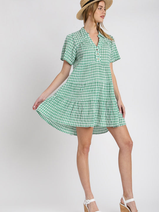 Gingham Tiered Collared Button Short Sleeve Dress