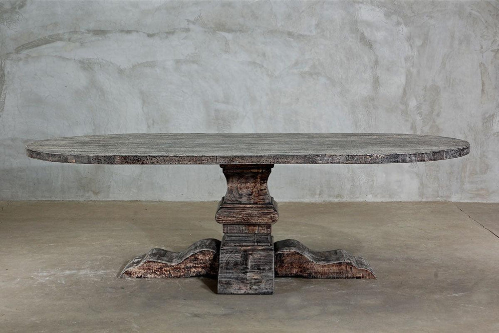 Reclaimed Elm Elliptical Oval Dining Table - Pedestal Leg-Blue Hand Home