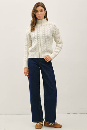 CABLE KNIT ZIP UP SWEATER JACKET W/ HIGH COLLAR-Blue Hand Home