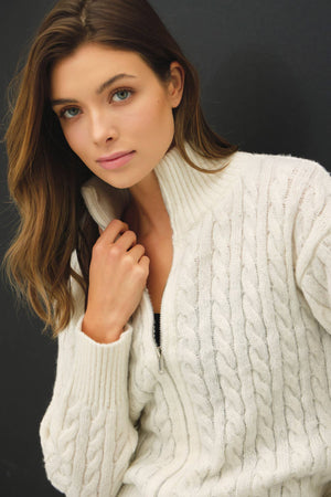 CABLE KNIT ZIP UP SWEATER JACKET W/ HIGH COLLAR-Blue Hand Home