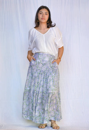 Block Printed Tiered Cotton Skirt Olive Navy-Blue Hand Home