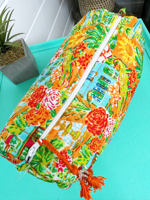 Quilted Cosmetics Makeup Bag - Orange Southern Town Print-Blue Hand Home