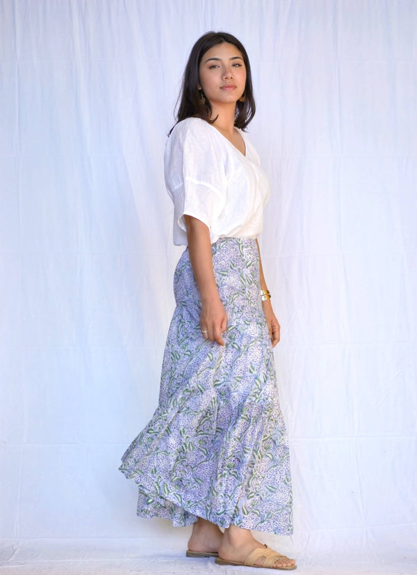 Block Printed Tiered Cotton Skirt Olive Navy-Blue Hand Home
