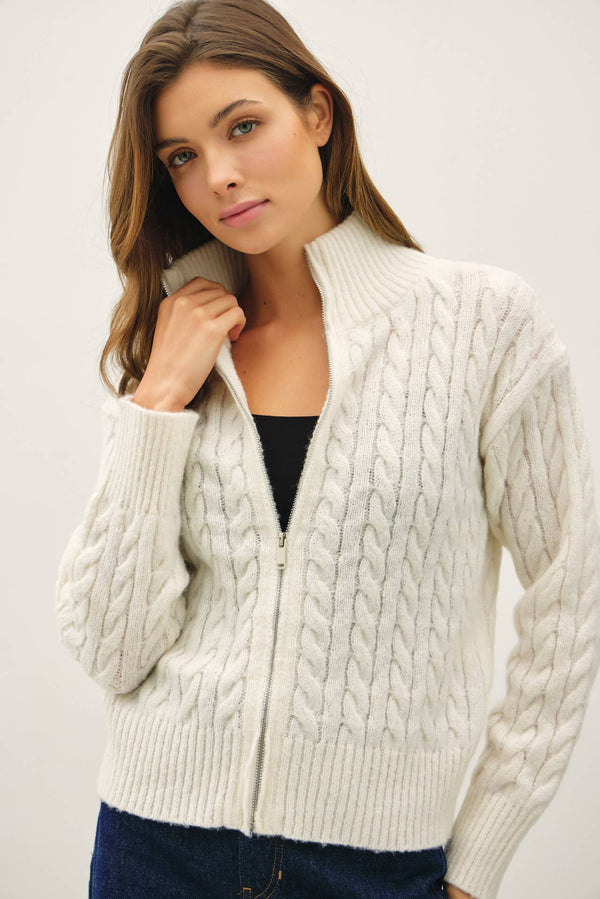 CABLE KNIT ZIP UP SWEATER JACKET W/ HIGH COLLAR-Blue Hand Home