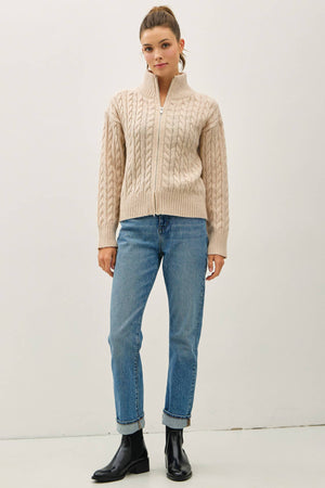CABLE KNIT ZIP UP SWEATER JACKET W/ HIGH COLLAR-Blue Hand Home