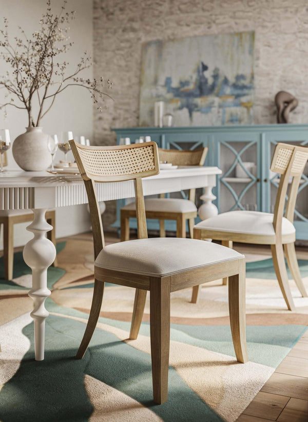 Beatrice Dining Chair In Fruitwood W/ Arctic White Performance Fabric & Rattan Natural On Back-Blue Hand Home