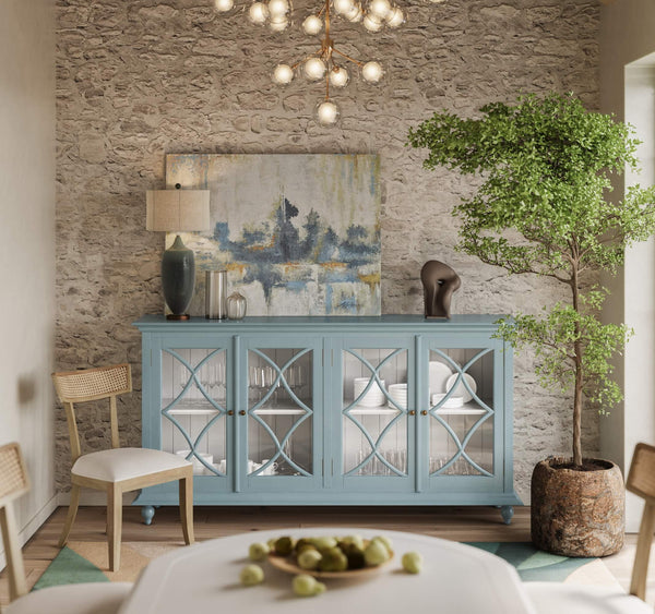 Beatrice Dining Chair In Fruitwood W/ Arctic White Performance Fabric & Rattan Natural On Back-Blue Hand Home