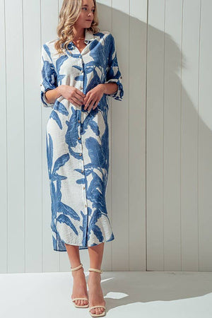 ELSIE PALMS AND PROMISES BUTTON DOWN DRESS-Blue Hand Home