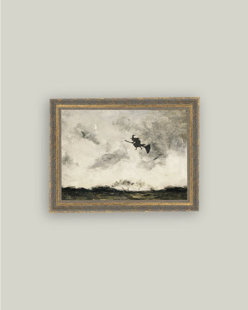 Witch Flying Through The Night Framed Antique Art-Blue Hand Home