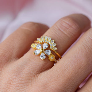 Moonstone and Diamond Rainbow Arc Ring-Blue Hand Home