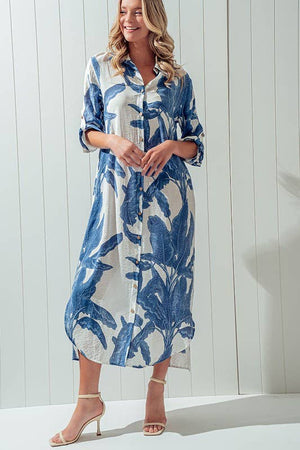 ELSIE PALMS AND PROMISES BUTTON DOWN DRESS-Blue Hand Home