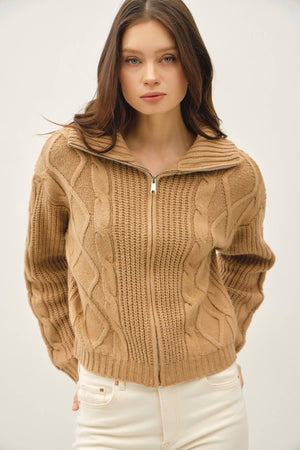 FLOPPY COLLARED CABLE ZIP UP SWEATER-Blue Hand Home