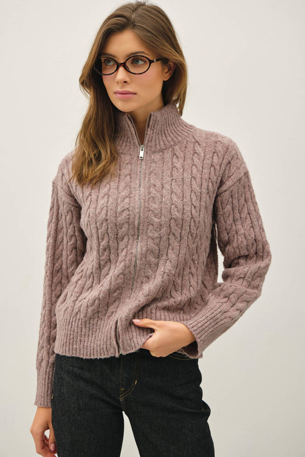 CABLE KNIT ZIP UP SWEATER JACKET W/ HIGH COLLAR-Blue Hand Home