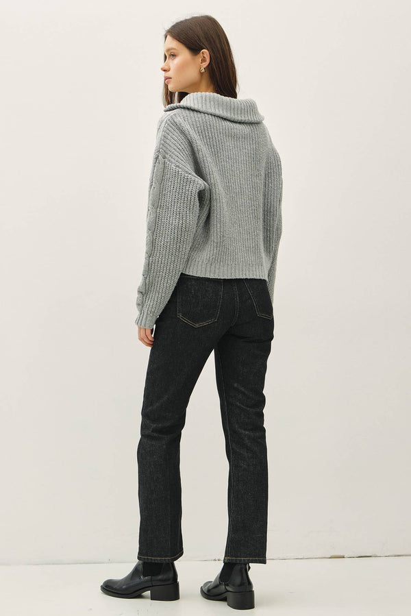 FLOPPY COLLARED CABLE ZIP UP SWEATER-Blue Hand Home