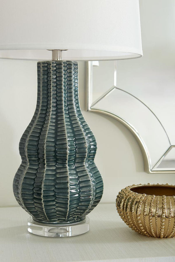 Quinn Lamp with Shade 17-inch White Linen, with Nickel-Blue Hand Home