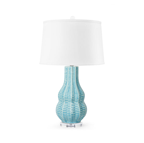 Quinn Lamp with Shade 17-inch White Linen, with Nickel-Blue Hand Home