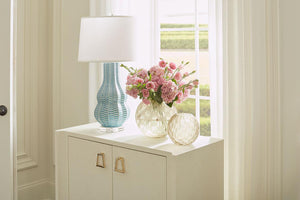 Quinn Lamp with Shade 17-inch White Linen, with Nickel-Blue Hand Home
