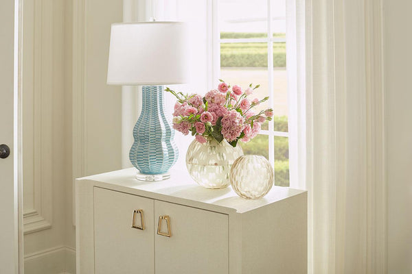 Quinn Lamp with Shade 17-inch White Linen, with Nickel-Blue Hand Home