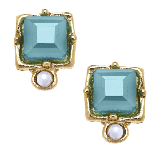 Handcast Gold, Genuine Freshwater Pearl & Teal Crystal CLIP Earrings