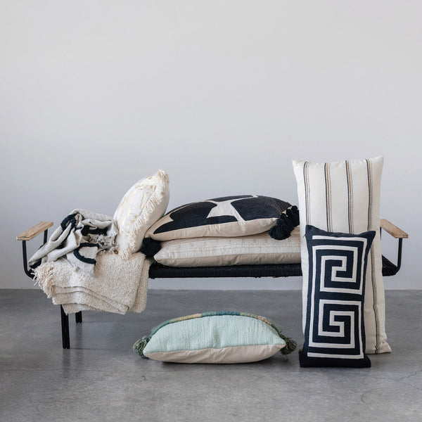 36" x 16" Cotton Lumbar Pillow with Embroidery-Blue Hand Home