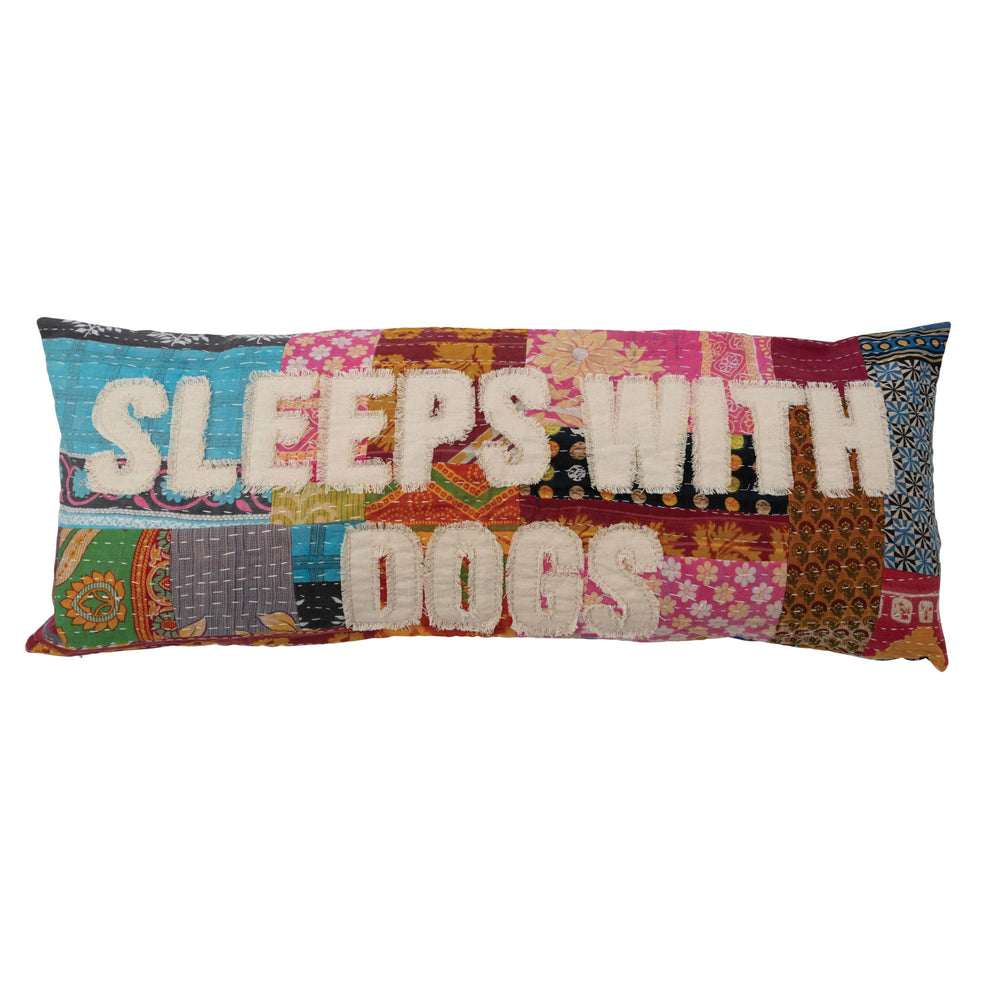36" x 14" Vintage Kantha Patchwork Lumbar Pillow "Sleeps with Dogs"-Blue Hand Home