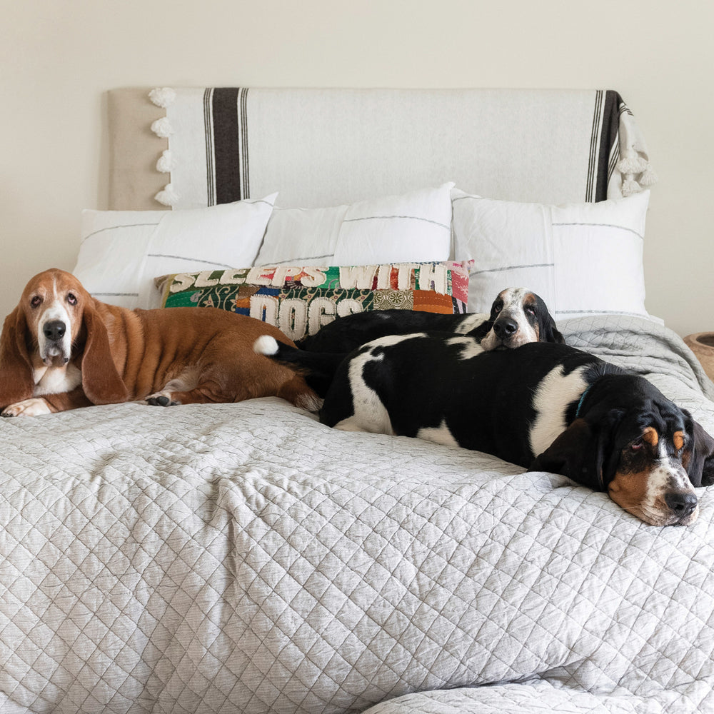 36" x 14" Vintage Kantha Patchwork Lumbar Pillow "Sleeps with Dogs"-Blue Hand Home