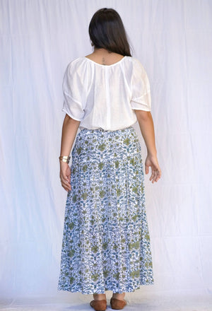 Block Printed Tiered Cotton Skirt-Teal Olive-Blue Hand Home