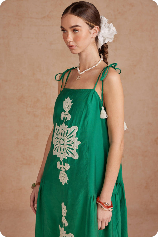 Floral Embroidered Sleeveless Tassel Tie Strap Midi Dress