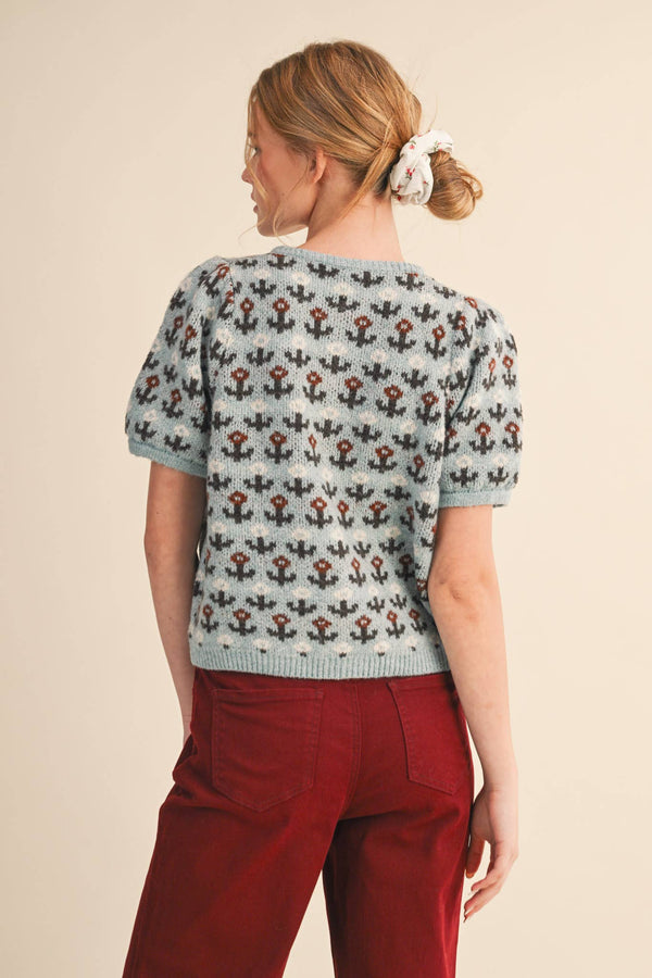 FLORAL SHORT SLEEVE SWEATER CARDIGAN MSW11259-Blue Hand Home