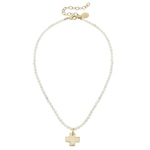 Gold Cross on Freshwater Pearl Necklace-Blue Hand Home