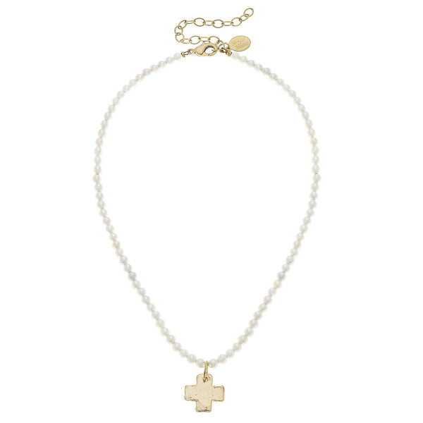 Gold Cross on Freshwater Pearl Necklace-Blue Hand Home