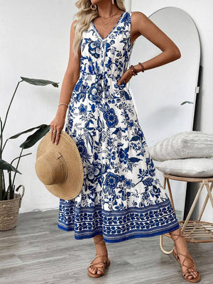 Vintage Holiday Floral Print Vest Dress-Blue Hand Home