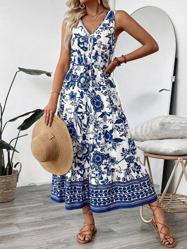 Vintage Holiday Floral Print Vest Dress-Blue Hand Home