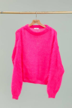 Round neck long sleeve sweater in 80% kid mohair: Kaki / One size-Blue Hand Home