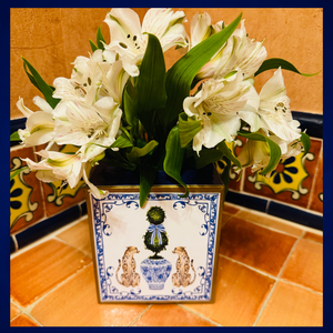 Paper mache Kleenex box with leopards and chinoiserie-Blue Hand Home