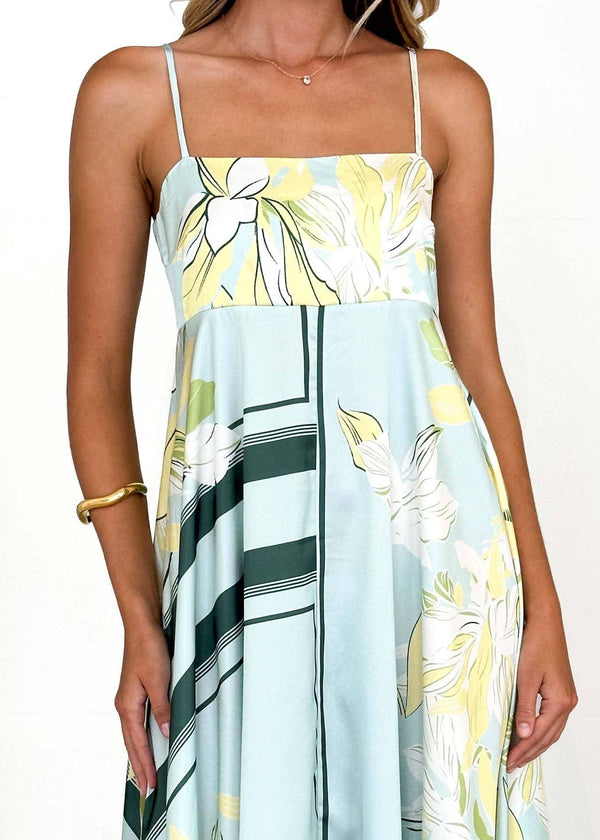 2025 Tropical botanical Floral thin strap flare swing dress-Blue Hand Home