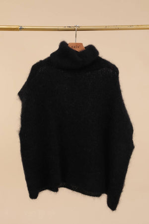 80% Kid Mohair Turtleneck Poncho Sweater: Black / One Size-Blue Hand Home
